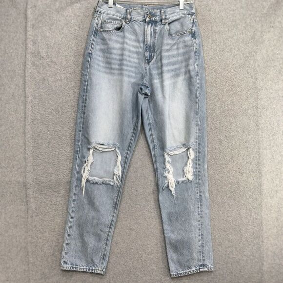 American Eagle Mom Jeans Wmns 6R Blue Stonewash Faded Distressed Whiskered Rips - Picture 1 of 13